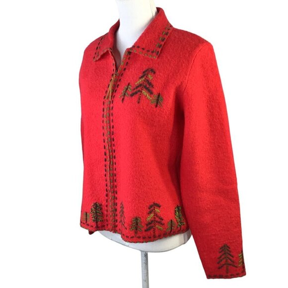 Belle Pointe Wool Jacket Women's M Red Embroidered Trees Christmas BellePointe - Picture 3 of 9